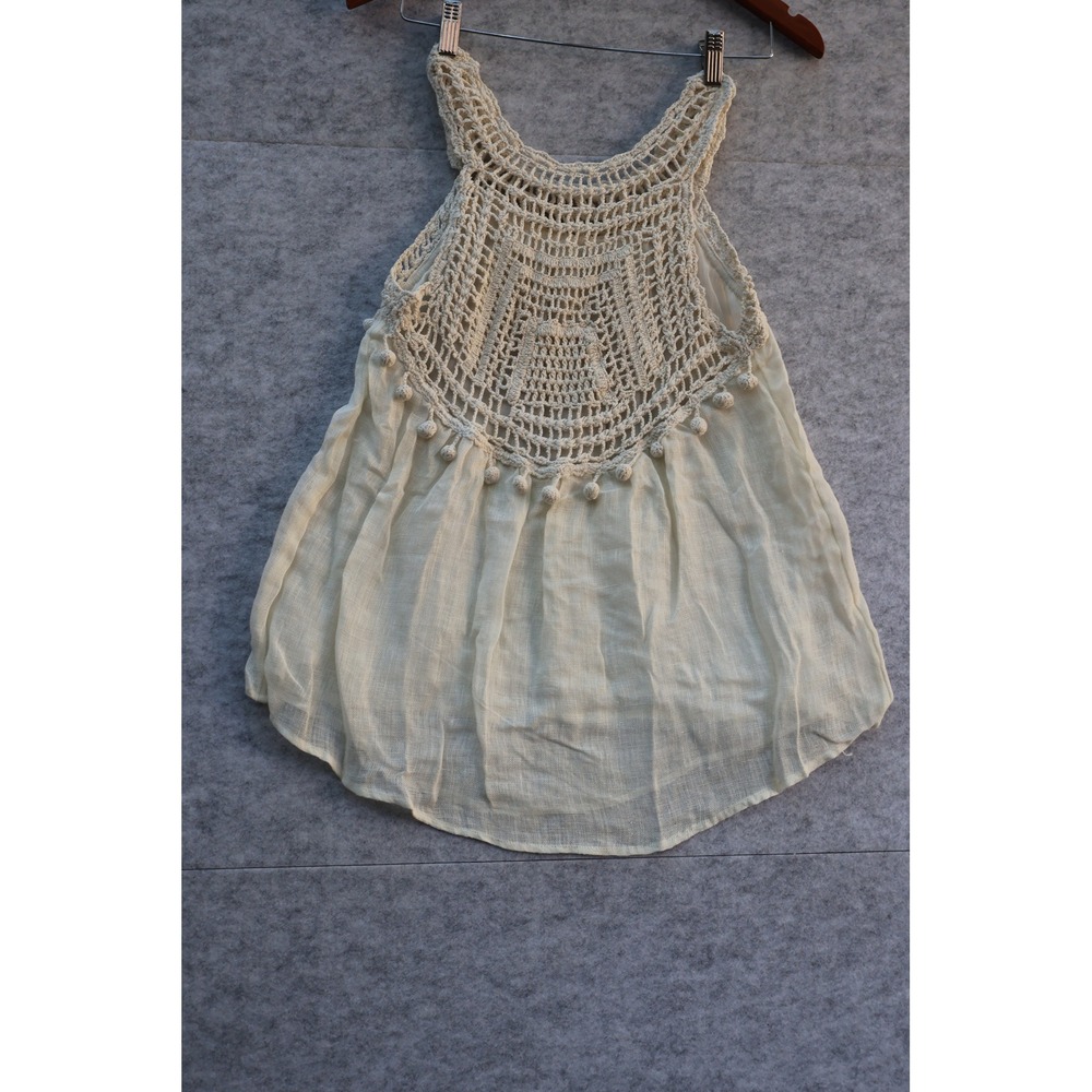 Anthropologie Crochet Lace Pom Pom Linen Tank Top‎ Ivory Boho Sleeveless Blouse